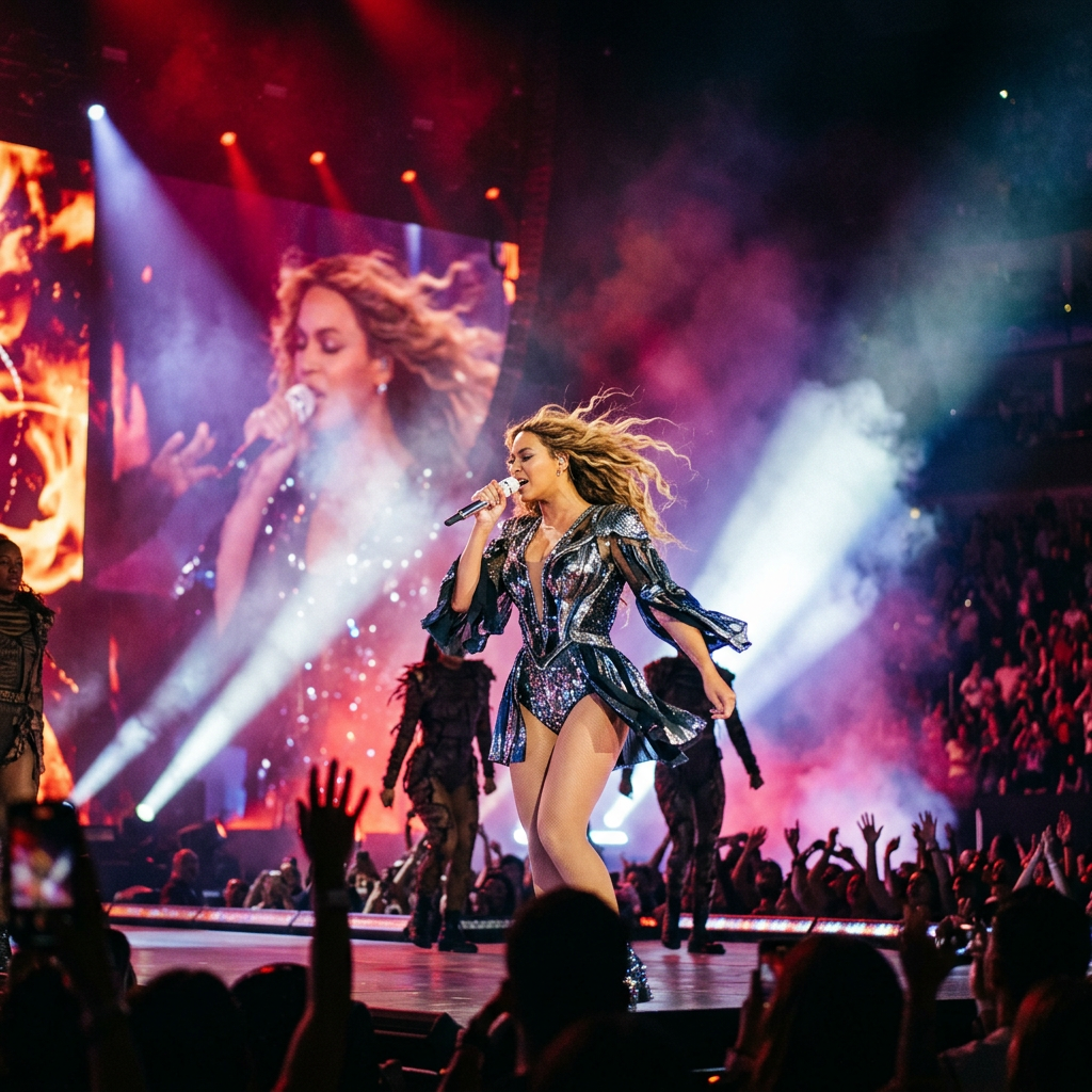 Female singer performing on stage with dancers and colorful lighting