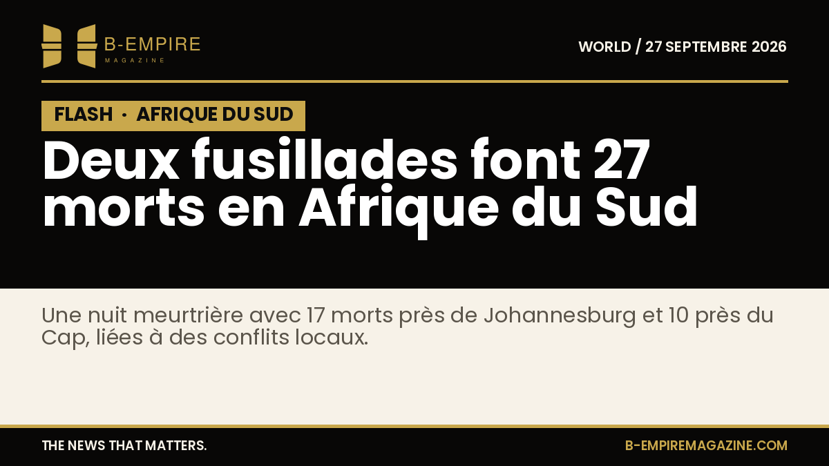 Image sombre avec le mot FLASH en blanc sur fond noir, évoquant une information urgente sur des fusillades en Afrique du Sud.