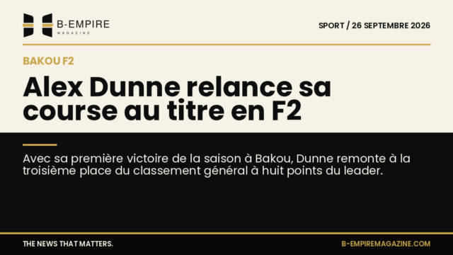 Photo d'Alex Dunne célébrant sa victoire en Formule 2 à Bakou avec son casque et son drapeau.