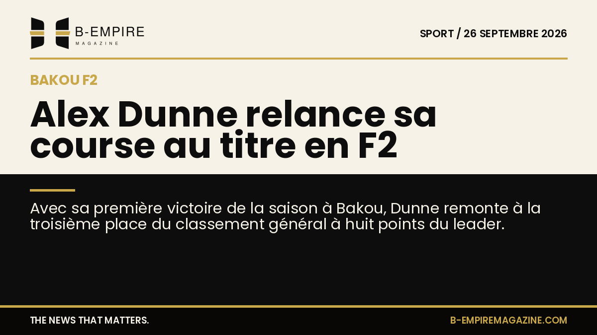 Photo d'Alex Dunne célébrant sa victoire en Formule 2 à Bakou avec son casque et son drapeau.