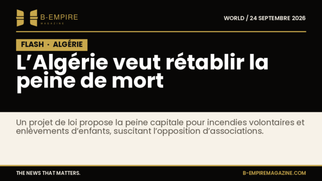 Texte sur fond noir avec bloc noir marqué FLASH en lettres or, annonçant la proposition de rétablissement de la peine de mort en Algérie