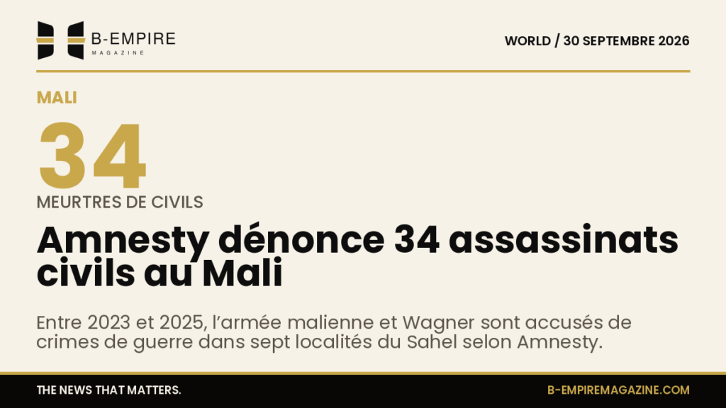 Visuel avec chiffre 34 en grand, évoquant les assassinats documentés par Amnesty au Mali, avec fond papier et design stat