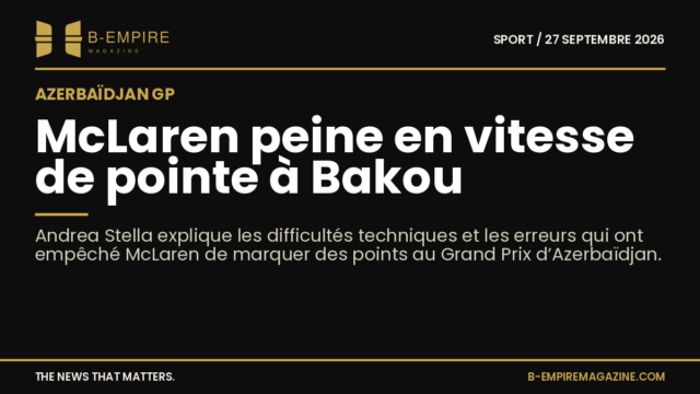 Photo d’une voiture McLaren de Formule 1 sur le circuit de Bakou avec un ciel clair en arrière-plan