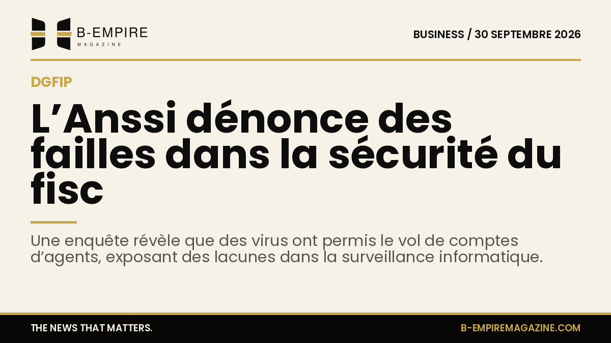 Visuel avec fond papier, titre en encre noire sur la sécurité informatique au fisc, style sobre et élégant