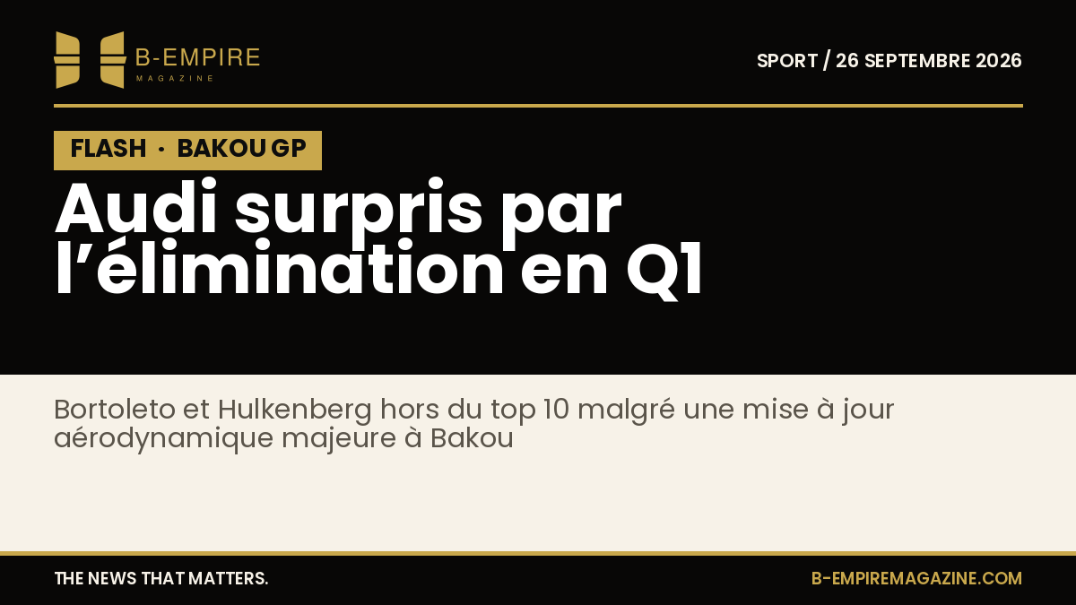 Visuel avec bloc noir marqué FLASH et texte or indiquant l’élimination surprise d’Audi en Q1 au Grand Prix de Bakou.