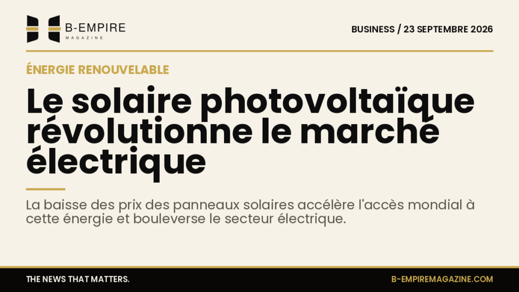 Illustration d'un panneau solaire photovoltaïque sous un ciel clair, symbolisant la transformation du marché électrique par l'énergie solaire.