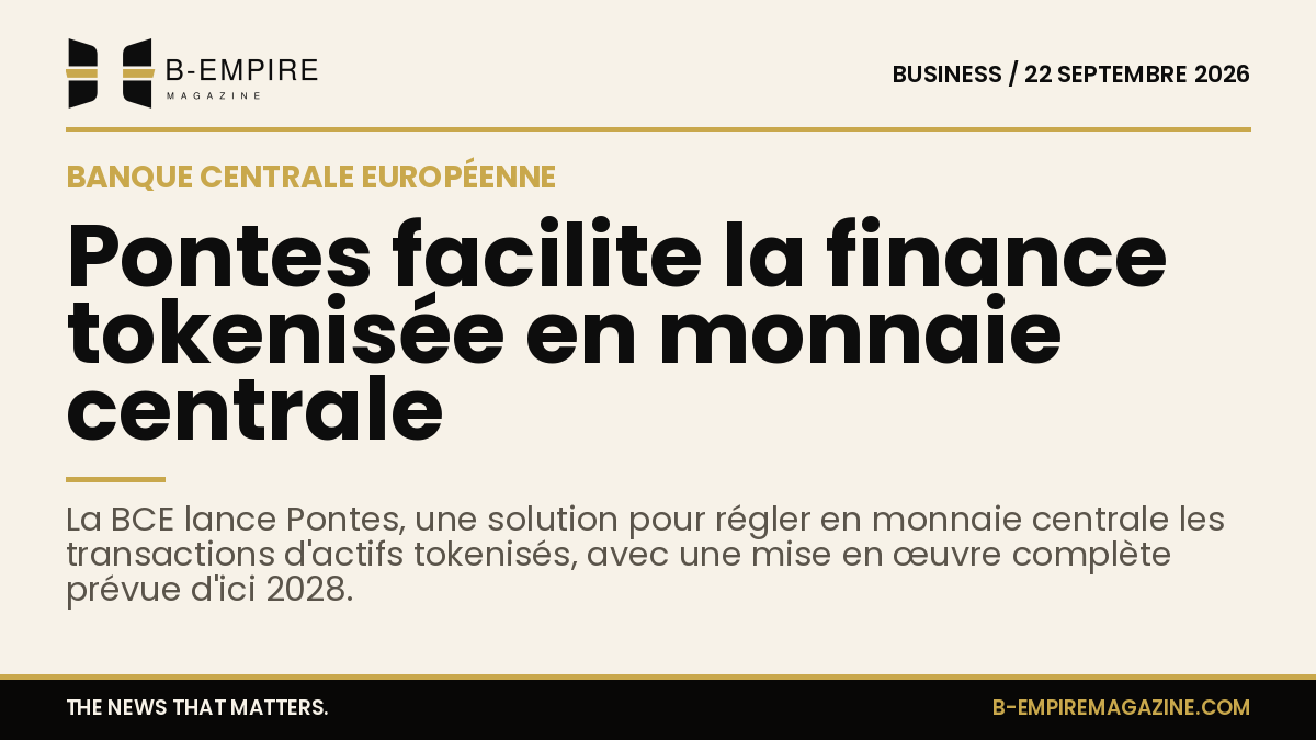 Visuel avec le logo officiel de la BCE sur fond papier avec un grand titre en encre annonçant Pontes, la solution pour la finance tokenisée.