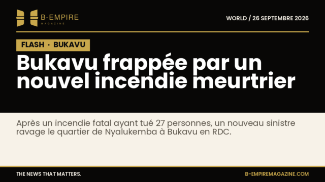Quartier de Nyalukemba à Bukavu ravagé par un incendie, ruines et décombres visibles sous un ciel gris.