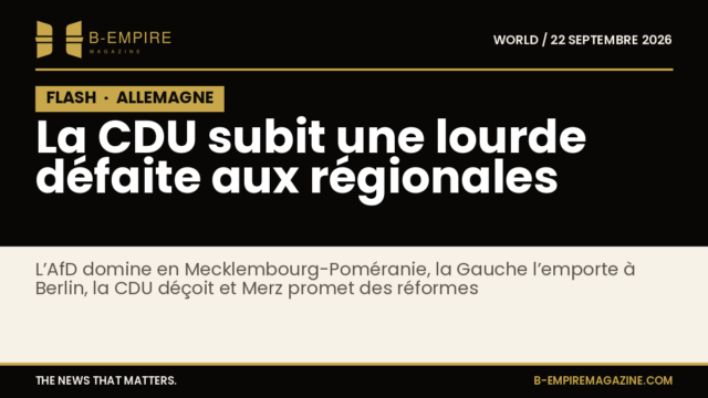 Visuel avec le mot FLASH en blanc sur fond noir, évoquant une information urgente sur les élections régionales en Allemagne et la défaite de la CDU.