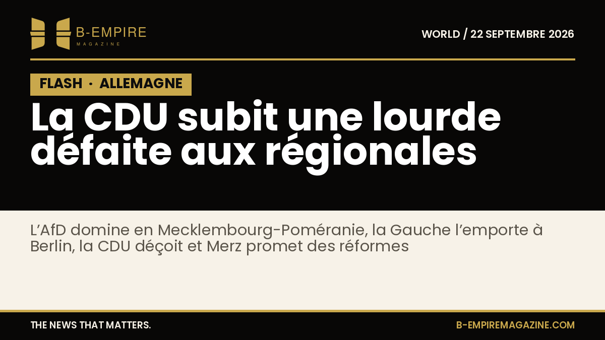 Visuel avec le mot FLASH en blanc sur fond noir, évoquant une information urgente sur les élections régionales en Allemagne et la défaite de la CDU.