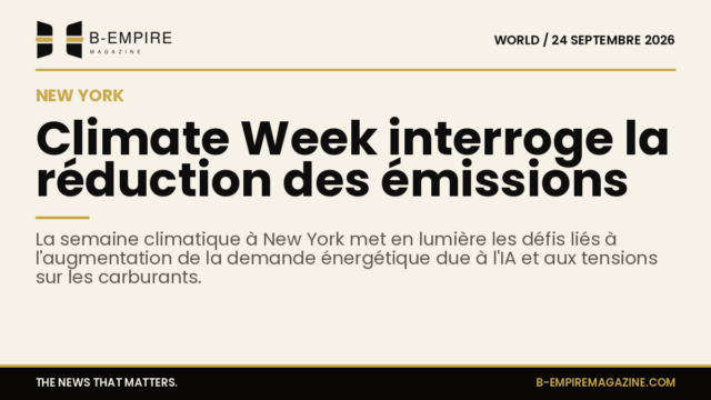 Visuel sobre avec fond papier, titre en encre noire évoquant Climate Week à New York et la réduction des émissions de gaz à effet de serre