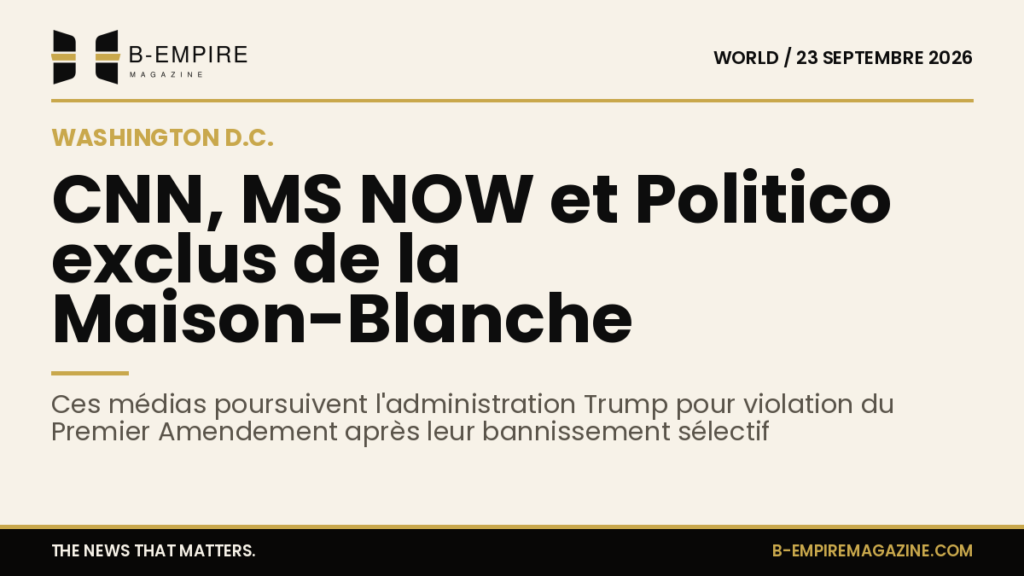 Illustration du logo CNN, MS NOW et Politico avec en arrière-plan la Maison-Blanche floutée