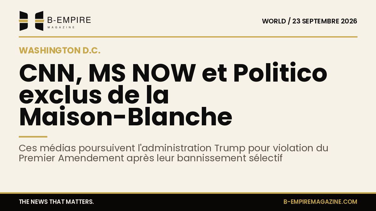 Illustration du logo CNN, MS NOW et Politico avec en arrière-plan la Maison-Blanche floutée