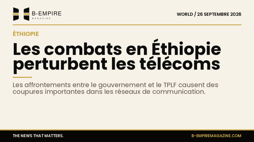 Carte stylisée de l'Éthiopie avec un signal téléphonique interrompu illustrant les perturbations dans les télécommunications dues aux combats