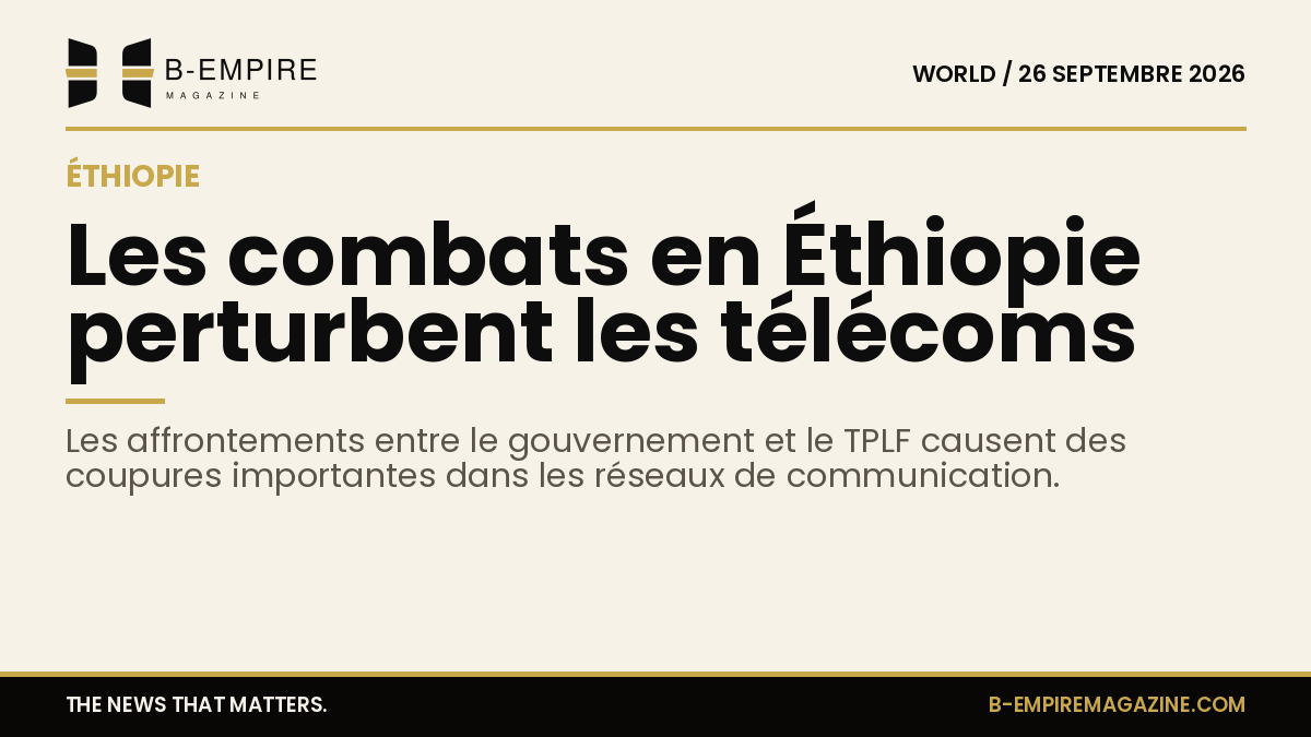 Carte stylisée de l'Éthiopie avec un signal téléphonique interrompu illustrant les perturbations dans les télécommunications dues aux combats