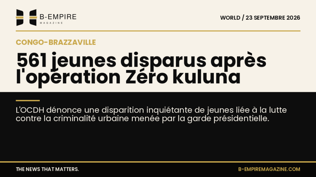 Visuel en deux parties avec fond papier à gauche et fond noir à droite, titre à cheval sur la séparation évoquant la disparition de 561 jeunes au Congo-Brazzaville