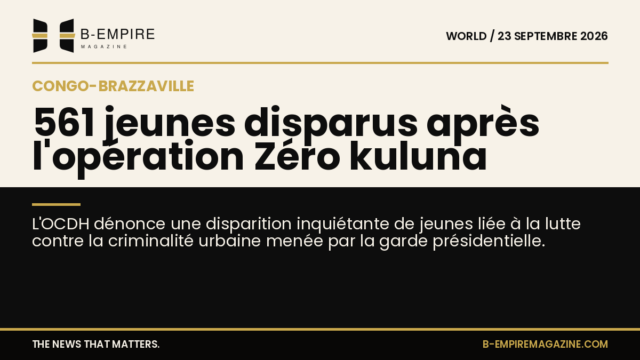Visuel en deux parties avec fond papier à gauche et fond noir à droite, titre à cheval sur la séparation évoquant la disparition de 561 jeunes au Congo-Brazzaville