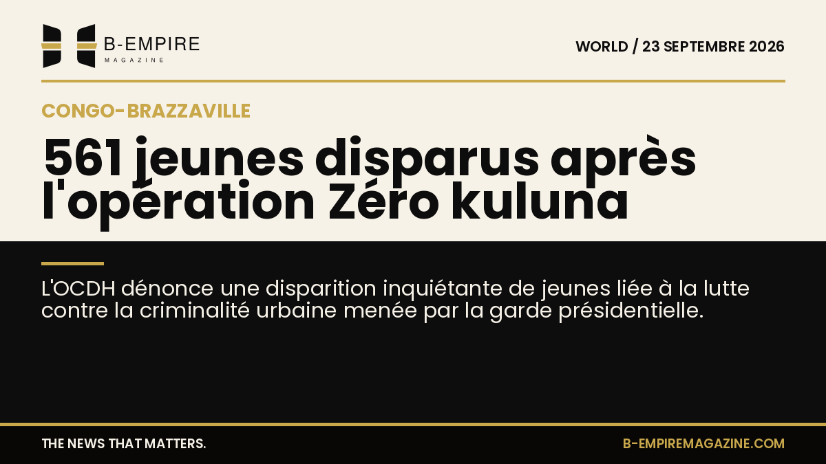 Visuel en deux parties avec fond papier à gauche et fond noir à droite, titre à cheval sur la séparation évoquant la disparition de 561 jeunes au Congo-Brazzaville