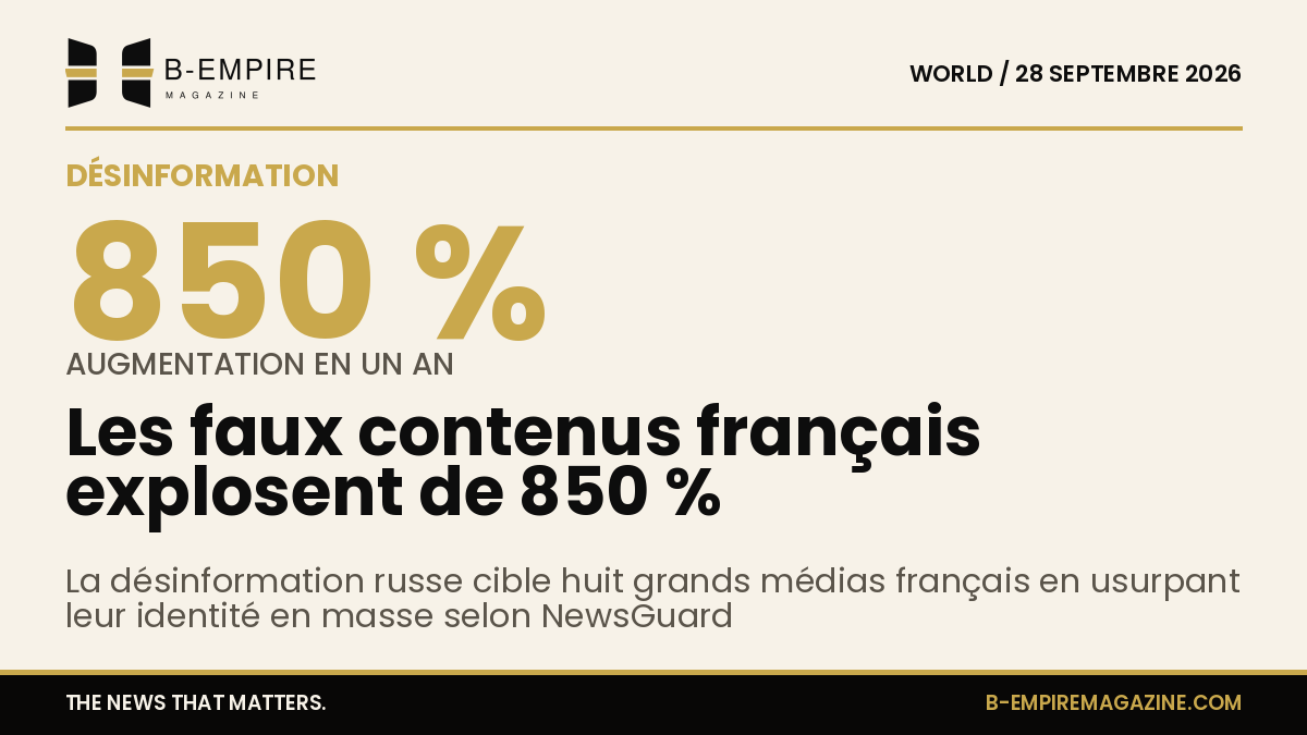 Graphique montrant une hausse de 850 % des faux contenus usurpant des médias français selon NewsGuard