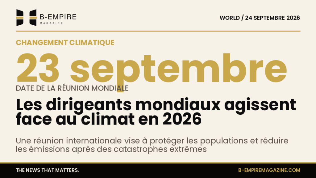 Visuel mettant en avant la date de la réunion mondiale du 23 septembre 2026 sur fond papier avec chiffres dorés et texte encre