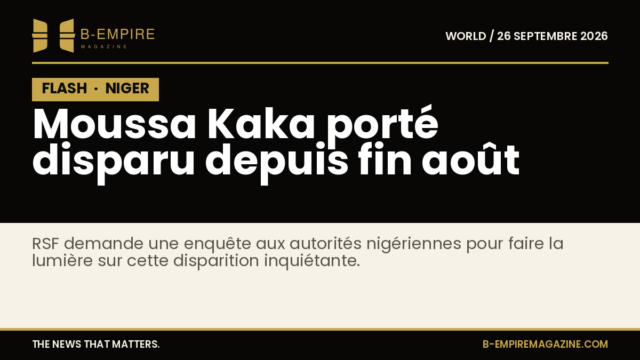 Visuel noir avec bloc noir marqué FLASH en blanc et or, texte blanc et or sur disparition de Moussa Kaka au Niger