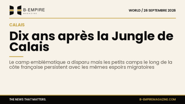 Visuel avec le chiffre 10 ans en grand, rappelant la démolition de la Jungle de Calais et la persistance des camps de migrants le long de la côte française