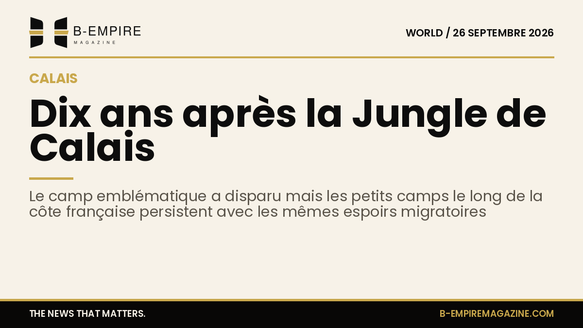 Visuel avec le chiffre 10 ans en grand, rappelant la démolition de la Jungle de Calais et la persistance des camps de migrants le long de la côte française