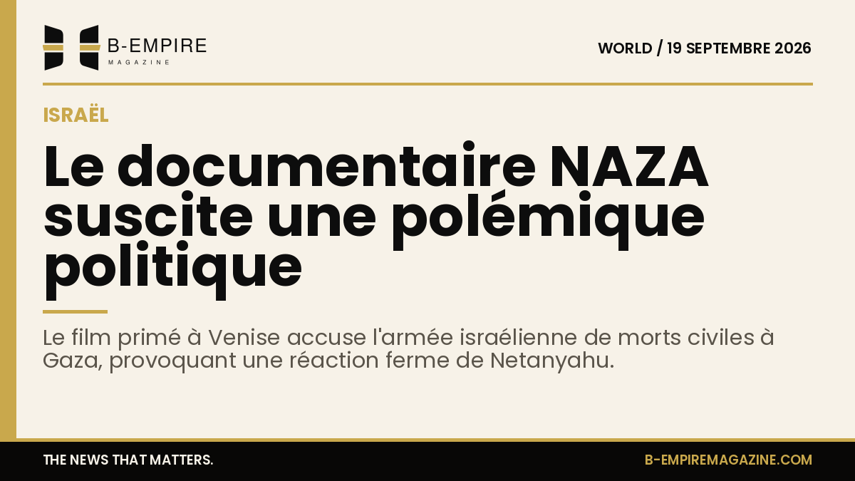 Affiche du documentaire NAZA avec des images sombres et le titre en lettres claires sur fond or et papier.