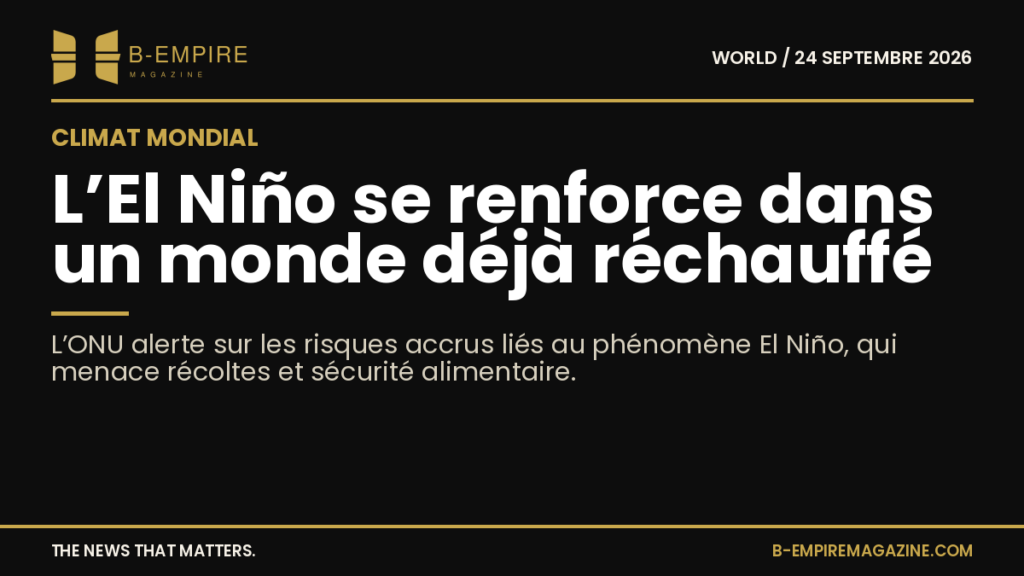 Graphique stylisé montrant le globe terrestre avec des zones marquées par des phénomènes climatiques El Niño, sur fond noir avec texte en or et blanc