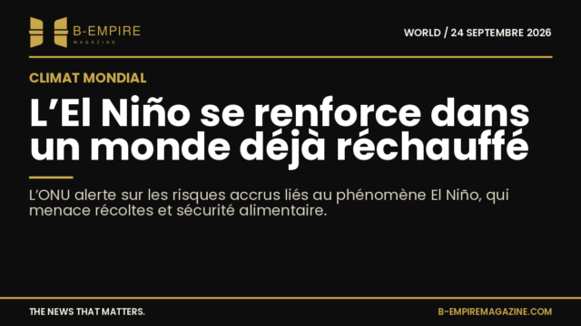 Graphique stylisé montrant le globe terrestre avec des zones marquées par des phénomènes climatiques El Niño, sur fond noir avec texte en or et blanc