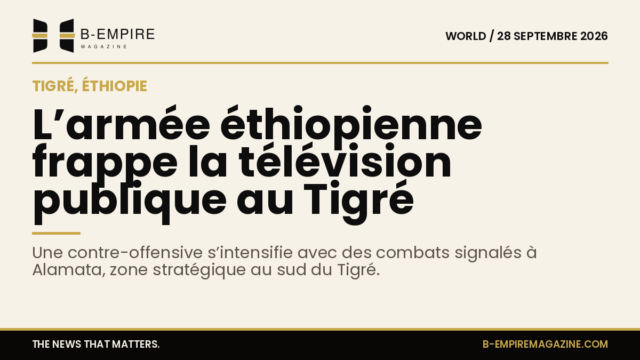 Image stylisée avec fond papier, titre en encre : L’armée éthiopienne frappe la télévision publique au Tigré, sous-titre explicatif, design sobre et élégant.