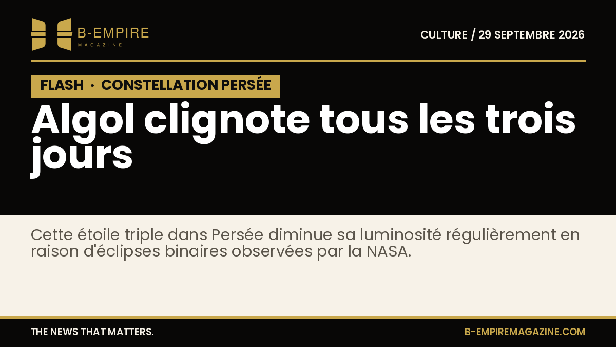 Illustration d’Algol, étoile triple dans la constellation de Persée, avec un effet de clignotement symbolisant ses variations de luminosité.