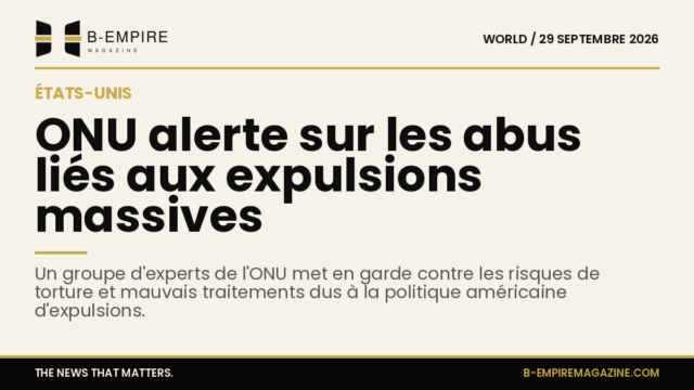 Texte sur fond papier avec un titre en encre noire annonçant l'alerte de l'ONU sur les expulsions massives aux États-Unis.