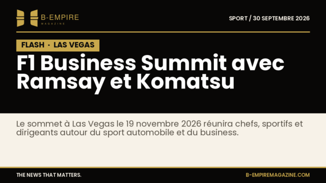 Annonce du F1 Business Summit à Las Vegas avec noms d'intervenants et date sur fond noir avec bande noire « FLASH »