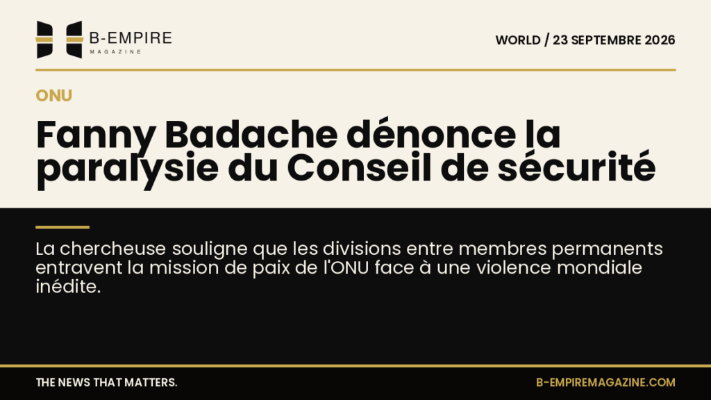 Portrait de Fanny Badache avec un fond représentant l'ONU et des symboles de conflits mondiaux