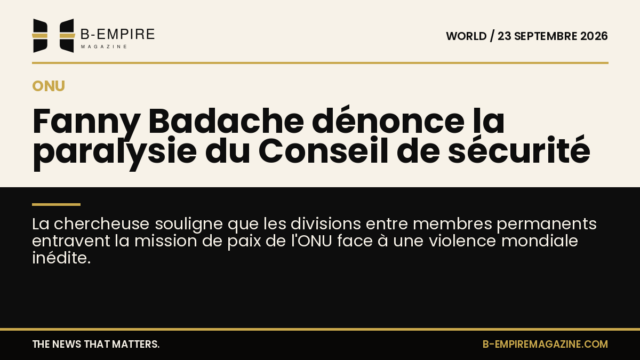 Portrait de Fanny Badache avec un fond représentant l'ONU et des symboles de conflits mondiaux