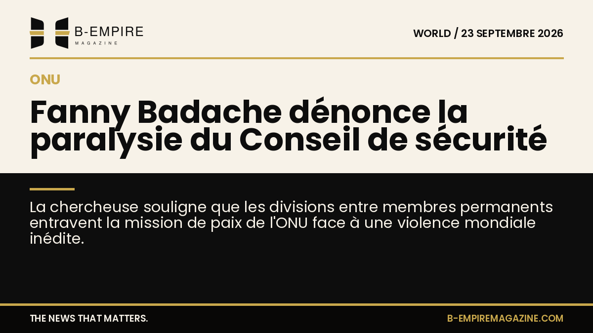 Portrait de Fanny Badache avec un fond représentant l'ONU et des symboles de conflits mondiaux
