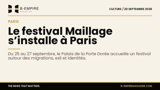 Affiche du festival Maillage avec Palais de la Porte Dorée en arrière-plan, évoquant les migrations et la mémoire