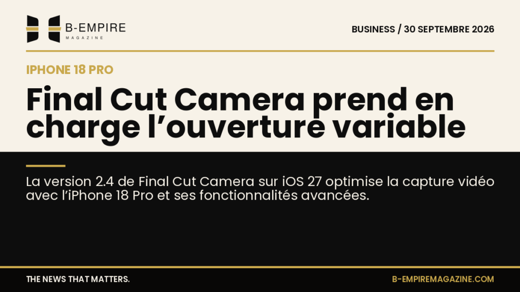 Interface de l’application Final Cut Camera sur iPhone 18 Pro avec options d’ouverture variable affichées