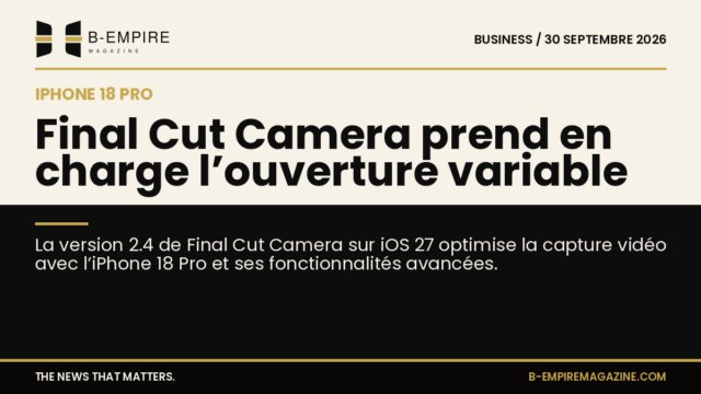 Interface de l’application Final Cut Camera sur iPhone 18 Pro avec options d’ouverture variable affichées