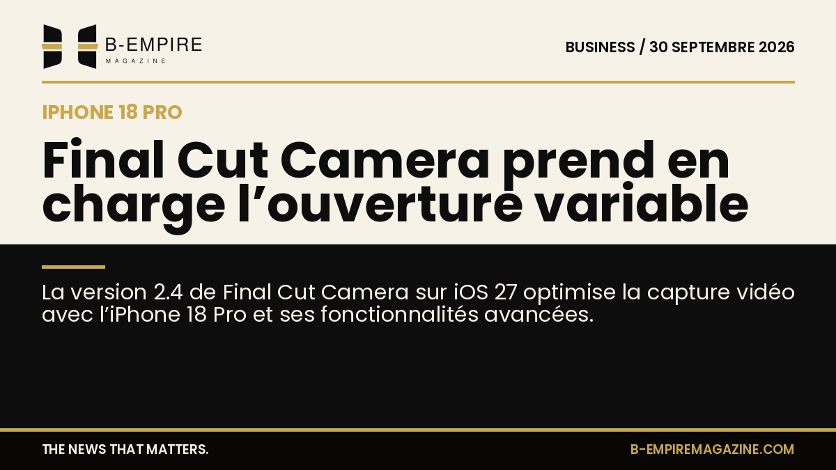 Interface de l’application Final Cut Camera sur iPhone 18 Pro avec options d’ouverture variable affichées