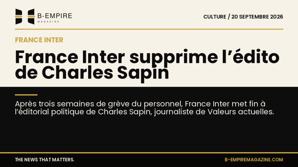 Logo de France Inter sur fond papier et noir, titre à cheval sur zones blanche et noire évoquant la suppression d’un éditorial