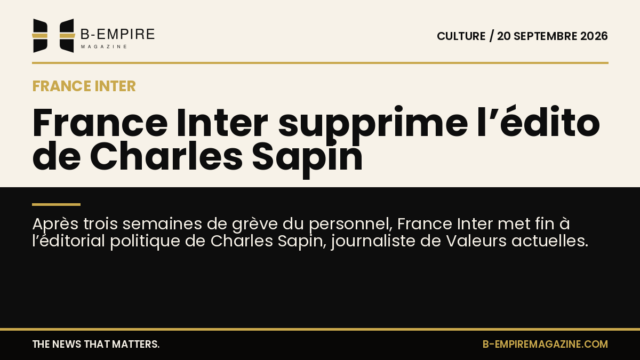 Logo de France Inter sur fond papier et noir, titre à cheval sur zones blanche et noire évoquant la suppression d’un éditorial