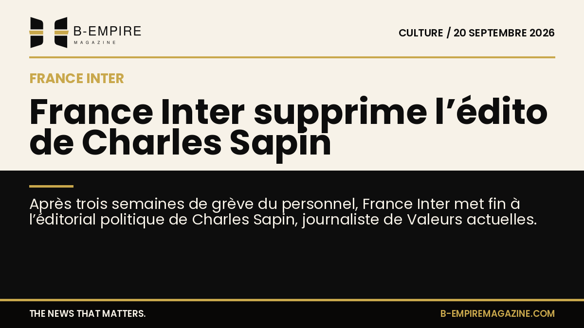 Logo de France Inter sur fond papier et noir, titre à cheval sur zones blanche et noire évoquant la suppression d’un éditorial