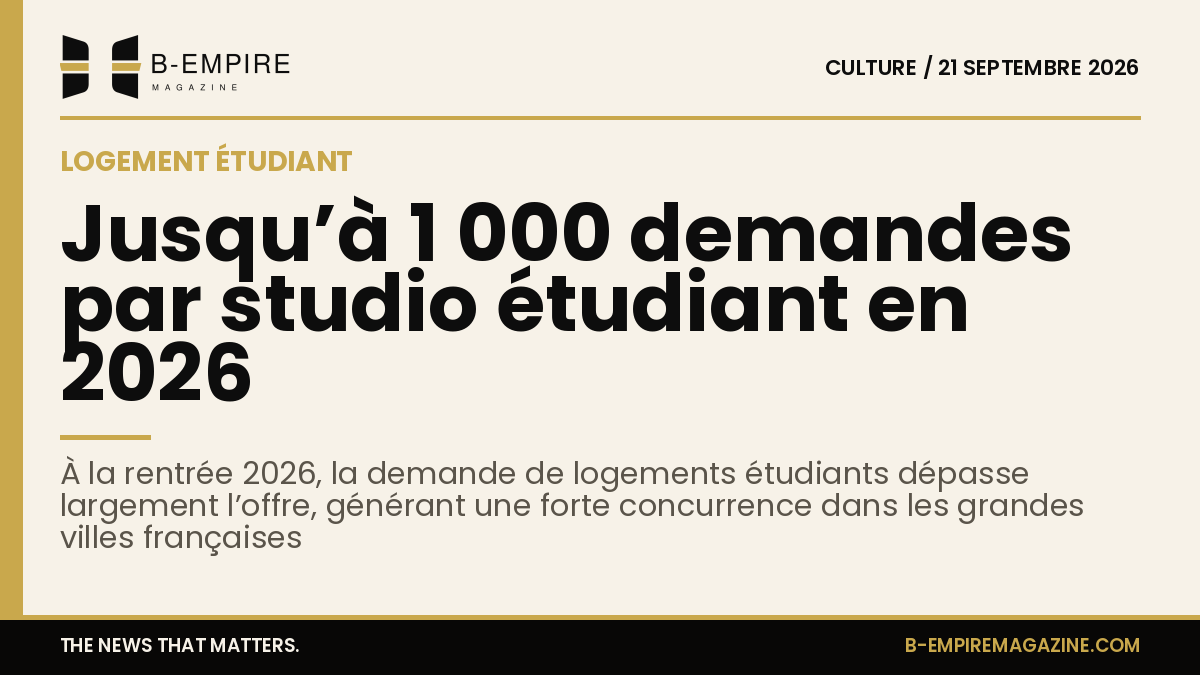 Visuel avec une bande or en haut, titre en encre sur fond papier indiquant la forte demande de logements étudiants en France à la rentrée 2026