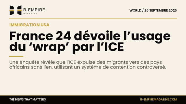 Texte sur fond papier avec le titre « France 24 dévoile l’usage du ‘wrap’ par l’ICE » en police Poppins, couleurs encre et or.