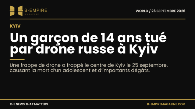 Vue sombre avec texte blanc et or décrivant une attaque de drone à Kyiv causant la mort d’un garçon de 14 ans