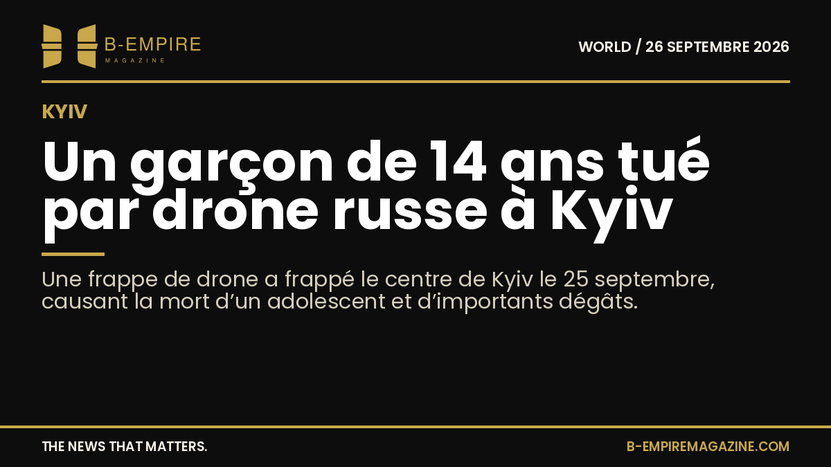 Vue sombre avec texte blanc et or décrivant une attaque de drone à Kyiv causant la mort d’un garçon de 14 ans