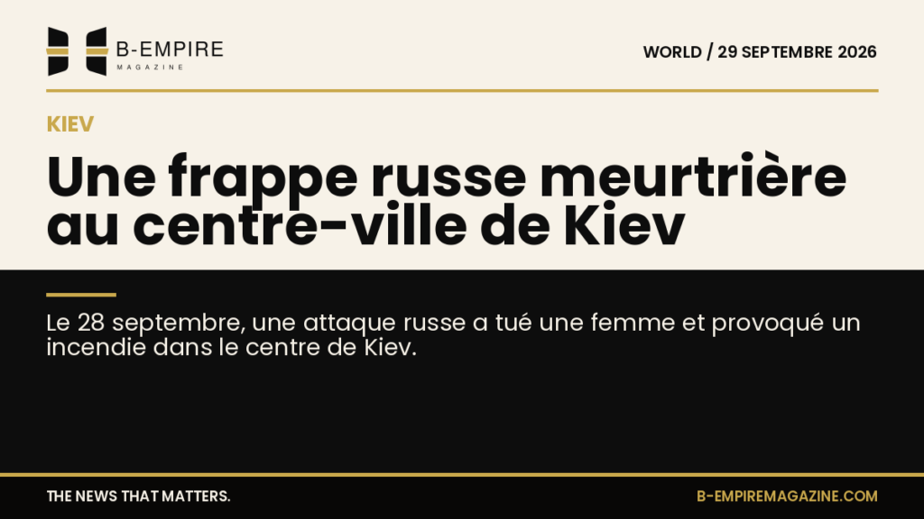 Image divisée en deux zones, moitié papier clair et moitié noir, avec le titre sur la ligne de séparation évoquant une frappe russe meurtrière au centre de Kiev.
