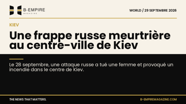 Image divisée en deux zones, moitié papier clair et moitié noir, avec le titre sur la ligne de séparation évoquant une frappe russe meurtrière au centre de Kiev.